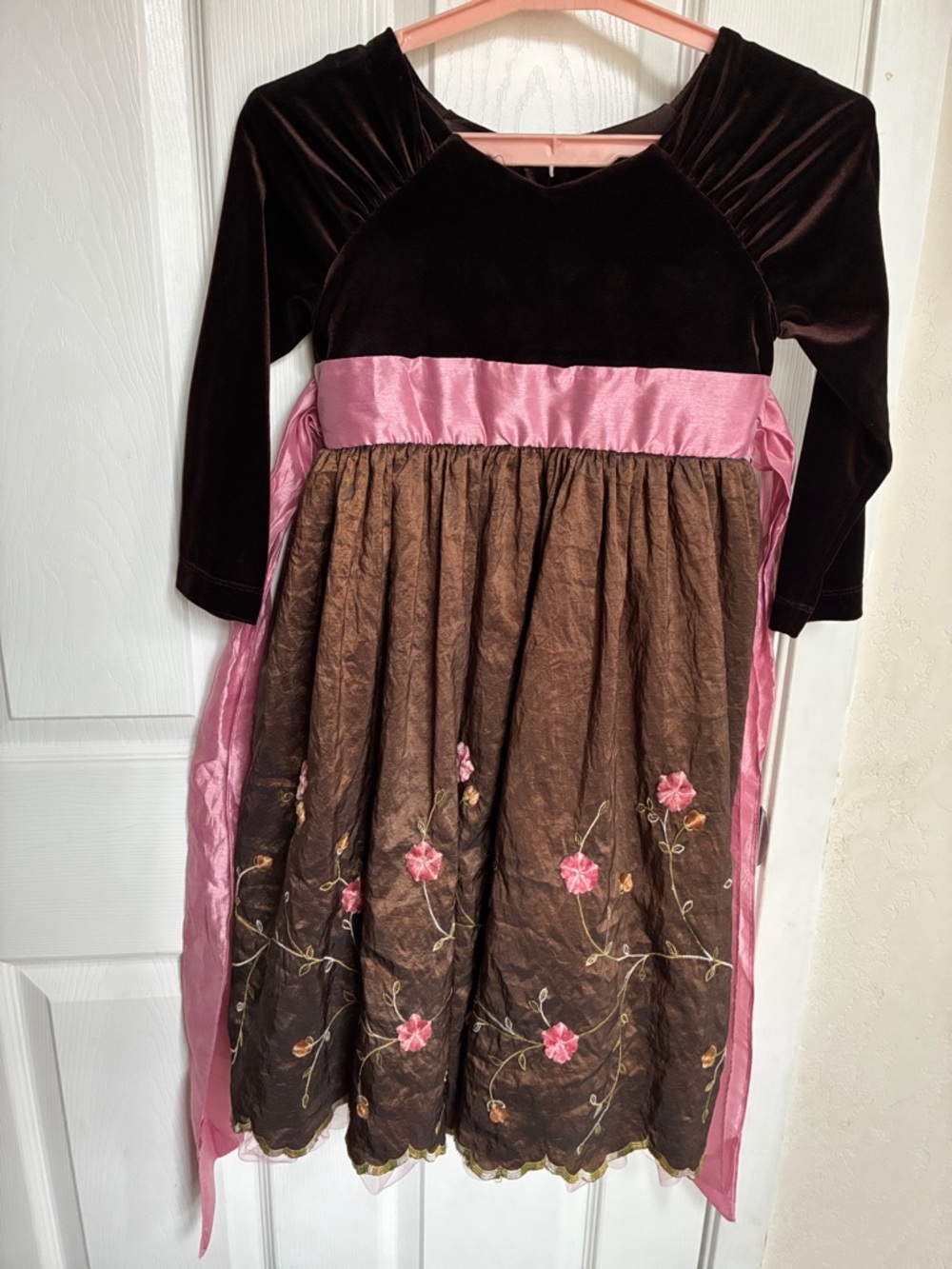Girls Brown and Pink Floral Velvet Party Dress